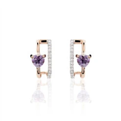 Boucles D'oreilles Puces Or Rose Amethyste Et Diamant